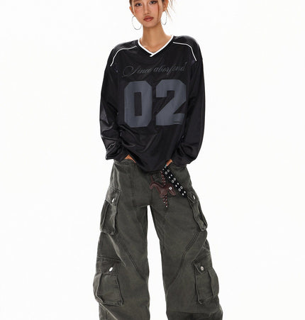 TALKLESSFASHION XPKAEAX American High Street Digital Print V-Neck Long Sleeve T-Shirt Men's and Women's Fall 2025 Jersey Sporty Top
