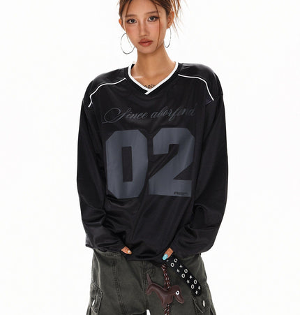 TALKLESSFASHION XPKAEAX American High Street Digital Print V-Neck Long Sleeve T-Shirt Men's and Women's Fall 2025 Jersey Sporty Top