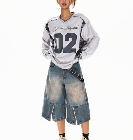 TALKLESSFASHION XPKAEAX American High Street Digital Print V-Neck Long Sleeve T-Shirt Men's and Women's Fall 2025 Jersey Sporty Top