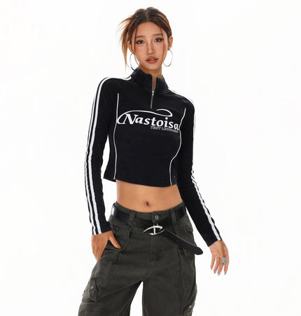 TALKLESSFASHION XPKAEAX American Spice Girl Monogram Print Half Zip High Neck Long Sleeve T-Shirt Women's Fall Slim Crop Top