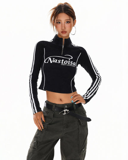 TALKLESSFASHION XPKAEAX American Spice Girl Monogram Print Half Zip High Neck Long Sleeve T-Shirt Women's Fall Slim Crop Top