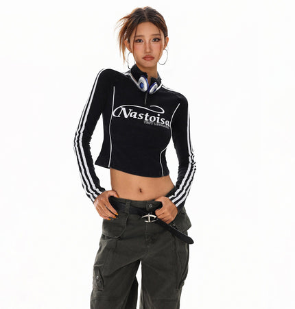 TALKLESSFASHION XPKAEAX American Spice Girl Monogram Print Half Zip High Neck Long Sleeve T-Shirt Women's Fall Slim Crop Top