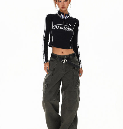 TALKLESSFASHION XPKAEAX American Spice Girl Monogram Print Half Zip High Neck Long Sleeve T-Shirt Women's Fall Slim Crop Top