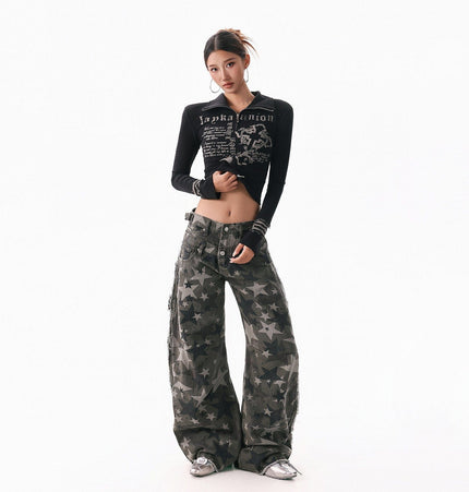 TALKLESSFASHION XPKAEAX American Spice Girl Monogram Print Stand Neck Long Sleeve T-Shirt Women's Base Jacket Slim Slim Short Top