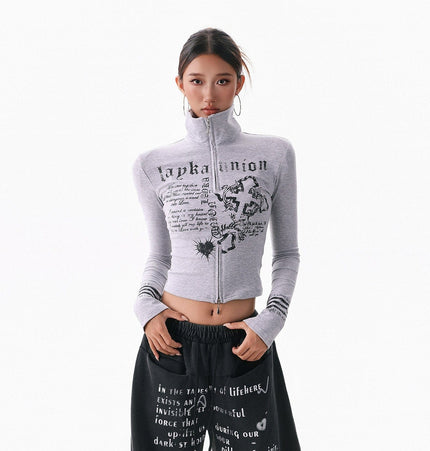 TALKLESSFASHION XPKAEAX American Spice Girl Monogram Print Stand Neck Long Sleeve T-Shirt Women's Base Jacket Slim Slim Short Top