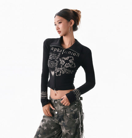 TALKLESSFASHION XPKAEAX American Spice Girl Monogram Print Stand Neck Long Sleeve T-Shirt Women's Base Jacket Slim Slim Short Top