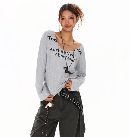 TALKLESSFASHION XPKAEAX American Spice Girl Monogram Print U-Neck Long Sleeve T-Shirt Women Fall 2025 Loose Off-the-Shoulder Top ins