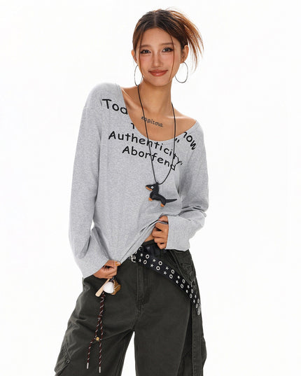 TALKLESSFASHION XPKAEAX American Spice Girl Monogram Print U-Neck Long Sleeve T-Shirt Women Fall 2025 Loose Off-the-Shoulder Top ins