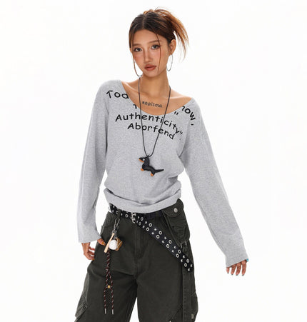 TALKLESSFASHION XPKAEAX American Spice Girl Monogram Print U-Neck Long Sleeve T-Shirt Women Fall 2025 Loose Off-the-Shoulder Top ins