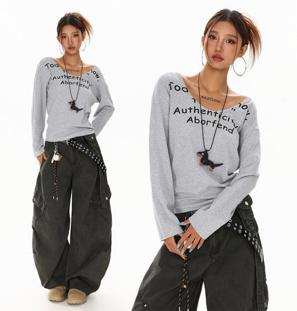 TALKLESSFASHION XPKAEAX American Spice Girl Monogram Print U-Neck Long Sleeve T-Shirt Women Fall 2025 Loose Off-the-Shoulder Top ins