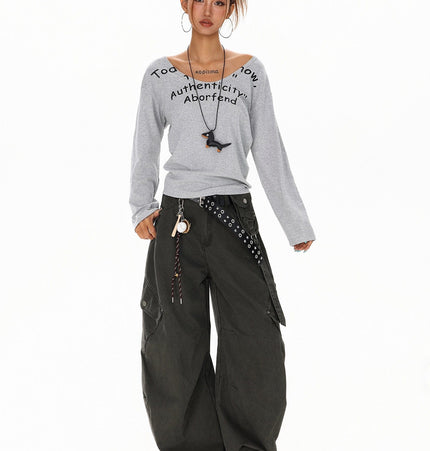 TALKLESSFASHION XPKAEAX American Spice Girl Monogram Print U-Neck Long Sleeve T-Shirt Women Fall 2025 Loose Off-the-Shoulder Top ins