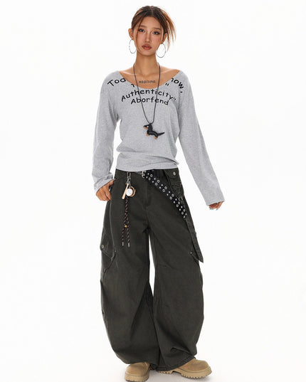 TALKLESSFASHION XPKAEAX American Spice Girl Monogram Print U-Neck Long Sleeve T-Shirt Women Fall 2025 Loose Off-the-Shoulder Top ins