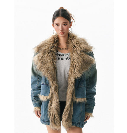 TALKLESSFASHION XPKAEAX American vintage fur collar mountain carving cotton suit women's winter washing distressed denim cotton jacket ins