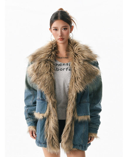 TALKLESSFASHION XPKAEAX American vintage fur collar mountain carving cotton suit women's winter washing distressed denim cotton jacket ins