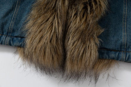 TALKLESSFASHION XPKAEAX American vintage fur collar mountain carving cotton suit women's winter washing distressed denim cotton jacket ins