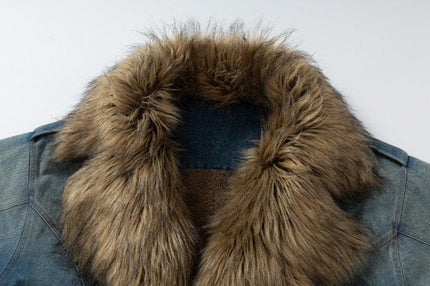 TALKLESSFASHION XPKAEAX American vintage fur collar mountain carving cotton suit women's winter washing distressed denim cotton jacket ins