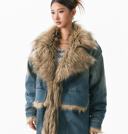 TALKLESSFASHION XPKAEAX American vintage fur collar mountain carving cotton suit women's winter washing distressed denim cotton jacket ins