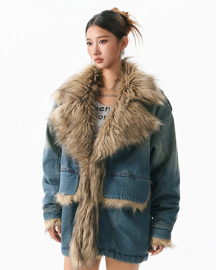 TALKLESSFASHION XPKAEAX American vintage fur collar mountain carving cotton suit women's winter washing distressed denim cotton jacket ins