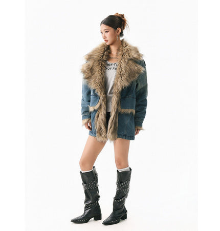 TALKLESSFASHION XPKAEAX American vintage fur collar mountain carving cotton suit women's winter washing distressed denim cotton jacket ins