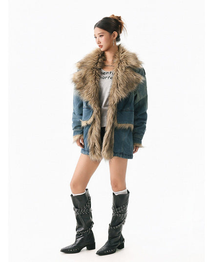 TALKLESSFASHION XPKAEAX American vintage fur collar mountain carving cotton suit women's winter washing distressed denim cotton jacket ins