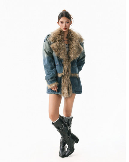 TALKLESSFASHION XPKAEAX American vintage fur collar mountain carving cotton suit women's winter washing distressed denim cotton jacket ins