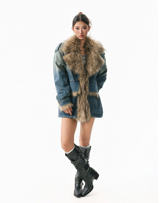 TALKLESSFASHION XPKAEAX American vintage fur collar mountain carving cotton suit women's winter washing distressed denim cotton jacket ins