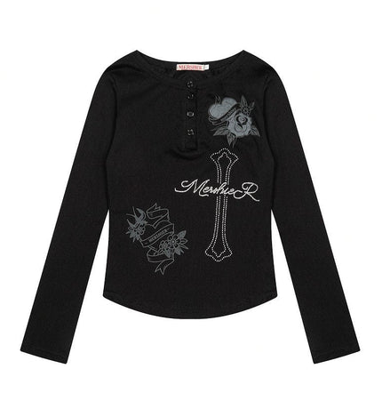 TALKLESSFASHION XPKAEAX American vintage hot diamond letter long sleeve T-shirt hot girl style slim slim pre-fall thin top