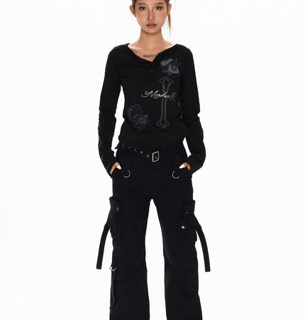 TALKLESSFASHION XPKAEAX American vintage hot diamond letter long sleeve T-shirt hot girl style slim slim pre-fall thin top