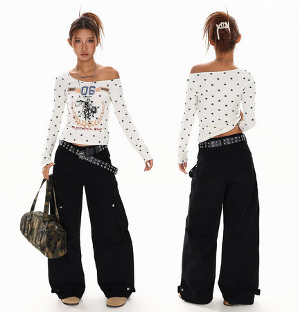 TALKLESSFASHION XPKAEAX American Vintage Spice Girl Star Off-the-Shoulder Long Sleeve T-Shirt Women's Slanted Shoulder Slimming Slimming One-Shoulder Top