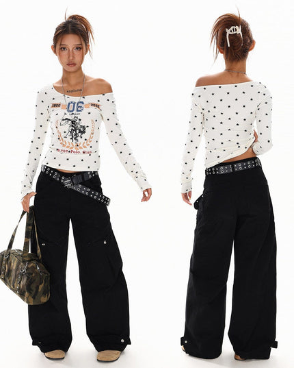 TALKLESSFASHION XPKAEAX American Vintage Spice Girl Star Off-the-Shoulder Long Sleeve T-Shirt Women's Slanted Shoulder Slimming Slimming One-Shoulder Top