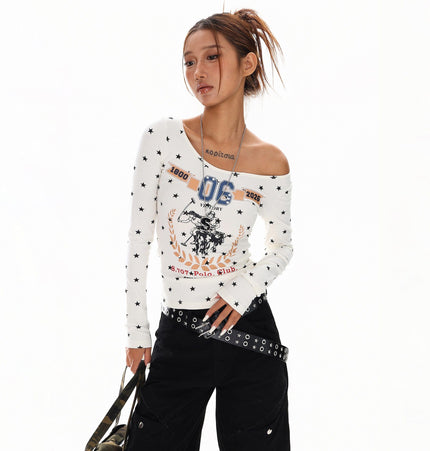 TALKLESSFASHION XPKAEAX American Vintage Spice Girl Star Off-the-Shoulder Long Sleeve T-Shirt Women's Slanted Shoulder Slimming Slimming One-Shoulder Top