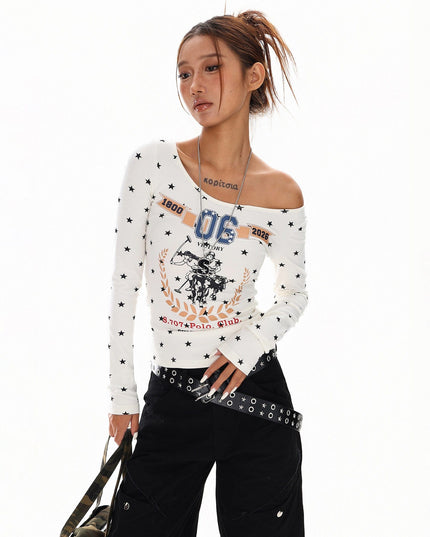 TALKLESSFASHION XPKAEAX American Vintage Spice Girl Star Off-the-Shoulder Long Sleeve T-Shirt Women's Slanted Shoulder Slimming Slimming One-Shoulder Top