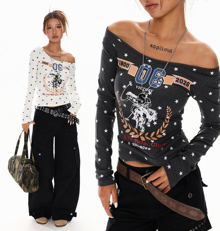 TALKLESSFASHION XPKAEAX American Vintage Spice Girl Star Off-the-Shoulder Long Sleeve T-Shirt Women's Slanted Shoulder Slimming Slimming One-Shoulder Top