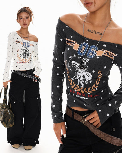 TALKLESSFASHION XPKAEAX American Vintage Spice Girl Star Off-the-Shoulder Long Sleeve T-Shirt Women's Slanted Shoulder Slimming Slimming One-Shoulder Top