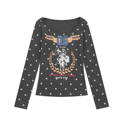 TALKLESSFASHION XPKAEAX American Vintage Spice Girl Star Off-the-Shoulder Long Sleeve T-Shirt Women's Slanted Shoulder Slimming Slimming One-Shoulder Top