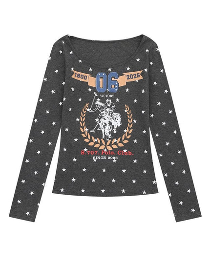 TALKLESSFASHION XPKAEAX American Vintage Spice Girl Star Off-the-Shoulder Long Sleeve T-Shirt Women's Slanted Shoulder Slimming Slimming One-Shoulder Top