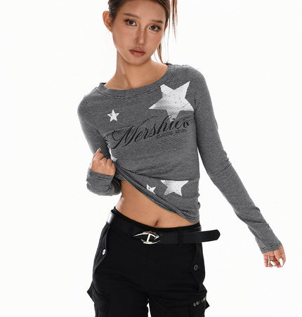 TALKLESSFASHION XPKAEAX American Vintage Spice Girl Striped Long Sleeve T-Shirt Women's 2025 Fall Slim Slimming Top Base Layer