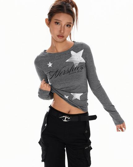 TALKLESSFASHION XPKAEAX American Vintage Spice Girl Striped Long Sleeve T-Shirt Women's 2025 Fall Slim Slimming Top Base Layer