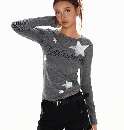 TALKLESSFASHION XPKAEAX American Vintage Spice Girl Striped Long Sleeve T-Shirt Women's 2025 Fall Slim Slimming Top Base Layer