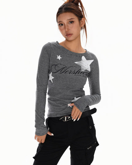TALKLESSFASHION XPKAEAX American Vintage Spice Girl Striped Long Sleeve T-Shirt Women's 2025 Fall Slim Slimming Top Base Layer
