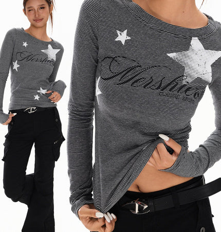 TALKLESSFASHION XPKAEAX American Vintage Spice Girl Striped Long Sleeve T-Shirt Women's 2025 Fall Slim Slimming Top Base Layer