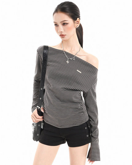 TALKLESSFASHION XPKAEAX American Vintage Striped Contrast One-Shoulder Long Sleeve T-Shirt Women's Spring New Loose Waist Top