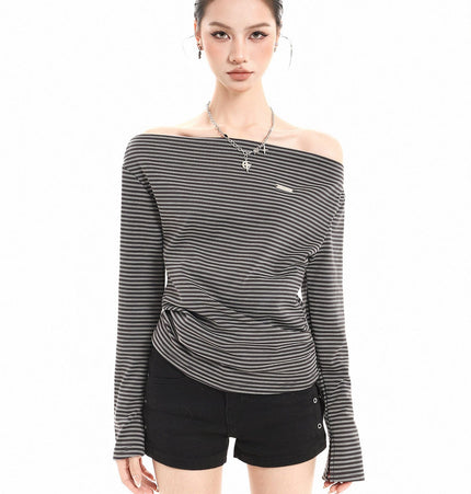TALKLESSFASHION XPKAEAX American Vintage Striped Contrast One-Shoulder Long Sleeve T-Shirt Women's Spring New Loose Waist Top