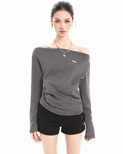 TALKLESSFASHION XPKAEAX American Vintage Striped Contrast One-Shoulder Long Sleeve T-Shirt Women's Spring New Loose Waist Top