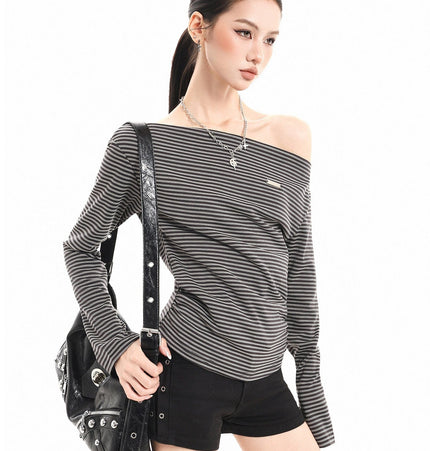 TALKLESSFASHION XPKAEAX American Vintage Striped Contrast One-Shoulder Long Sleeve T-Shirt Women's Spring New Loose Waist Top