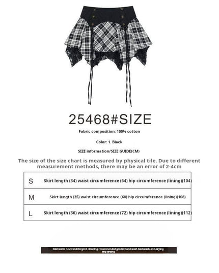 TALKLESSFASHION XPKAEAX Chic Vintage Lace Stitched Plaid Skirt Women's Spring New Contrast Irregular Cake Skirt
