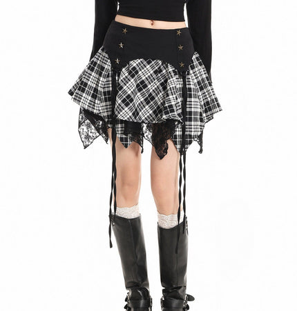 TALKLESSFASHION XPKAEAX Chic Vintage Lace Stitched Plaid Skirt Women's Spring New Contrast Irregular Cake Skirt