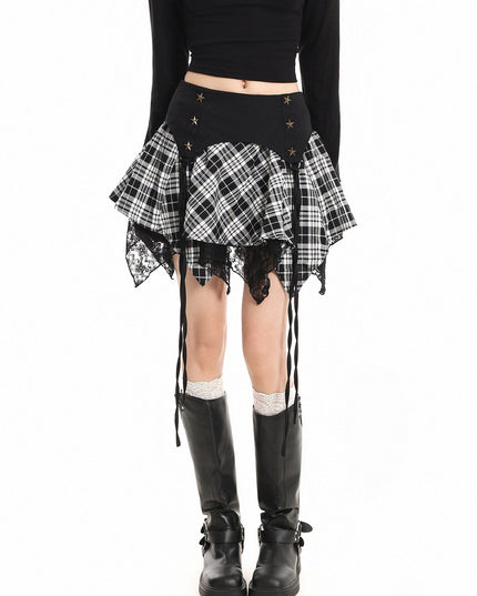 TALKLESSFASHION XPKAEAX Chic Vintage Lace Stitched Plaid Skirt Women's Spring New Contrast Irregular Cake Skirt