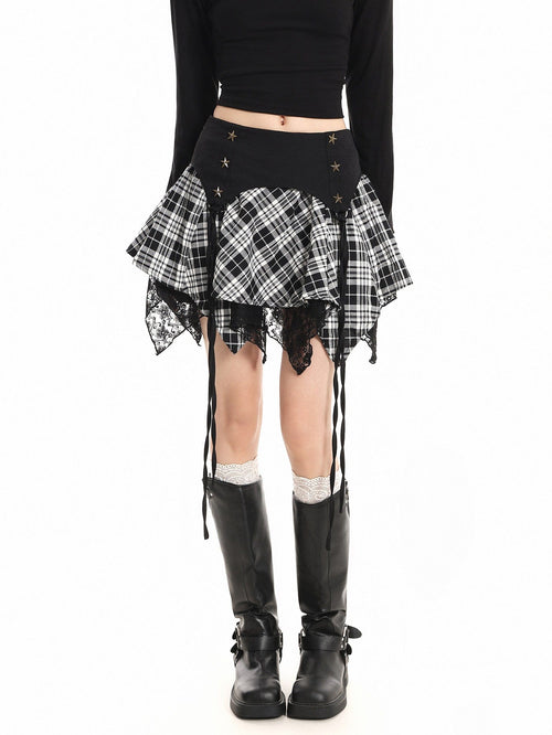 THETLSTUDIO XPKAEAX Chic Vintage Lace Stitched Plaid Skirt Women's Spring New Contrast Irregular Cake Skirt