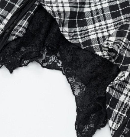 TALKLESSFASHION XPKAEAX Chic Vintage Lace Stitched Plaid Skirt Women's Spring New Contrast Irregular Cake Skirt